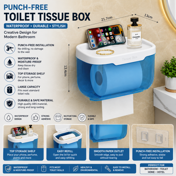 Punch-Free Waterproof Toilet Tissue Box with Storage Shelf large