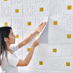 Self-Adhesive Waterproof PE Foam 3D Wall Panels Wallpaper Sticker for Bathroom, Living Room, and Home Decoration (Gold on White, 77 X 70 cm) (Pack of 1)