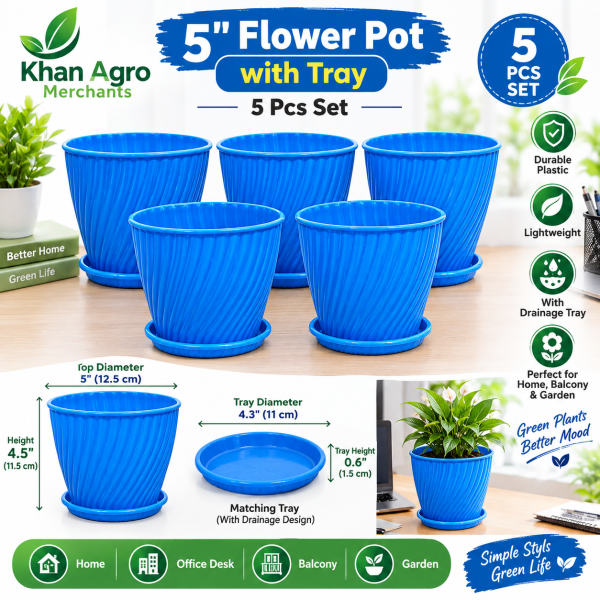 5 Inch Flower Pot with Tray – 5 Pcs Set