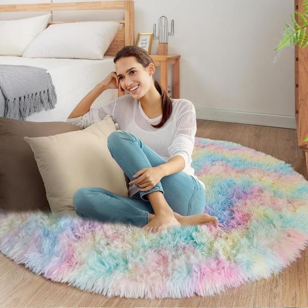 Bedroom Plush Rug, Round, Fluffy Rug for Living Room, Modern Living Room, Girls, Soft and Fluffy Rug for Bedroom, Children's Mat (Rainbow, Diameter 80 cm, Round)