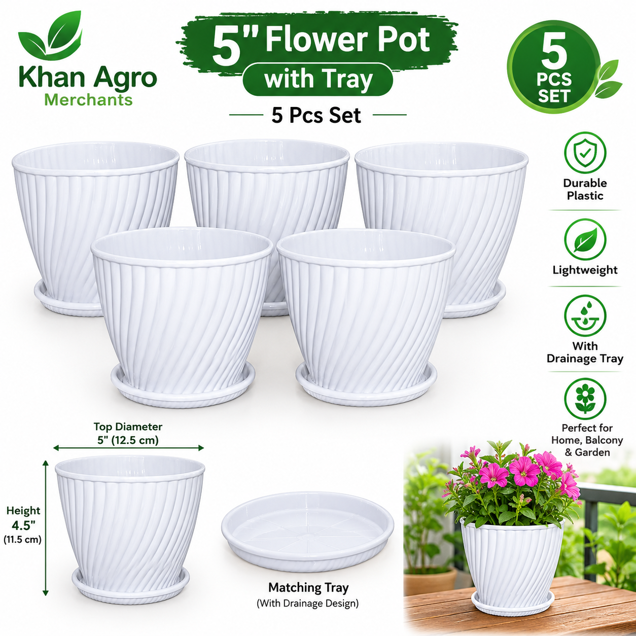 5 Inch Flower Pot with Tray – 5 Pcs Set