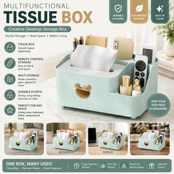 Multifunctional Tissue Box with Remote Control Holder | Desktop Storage Organizer