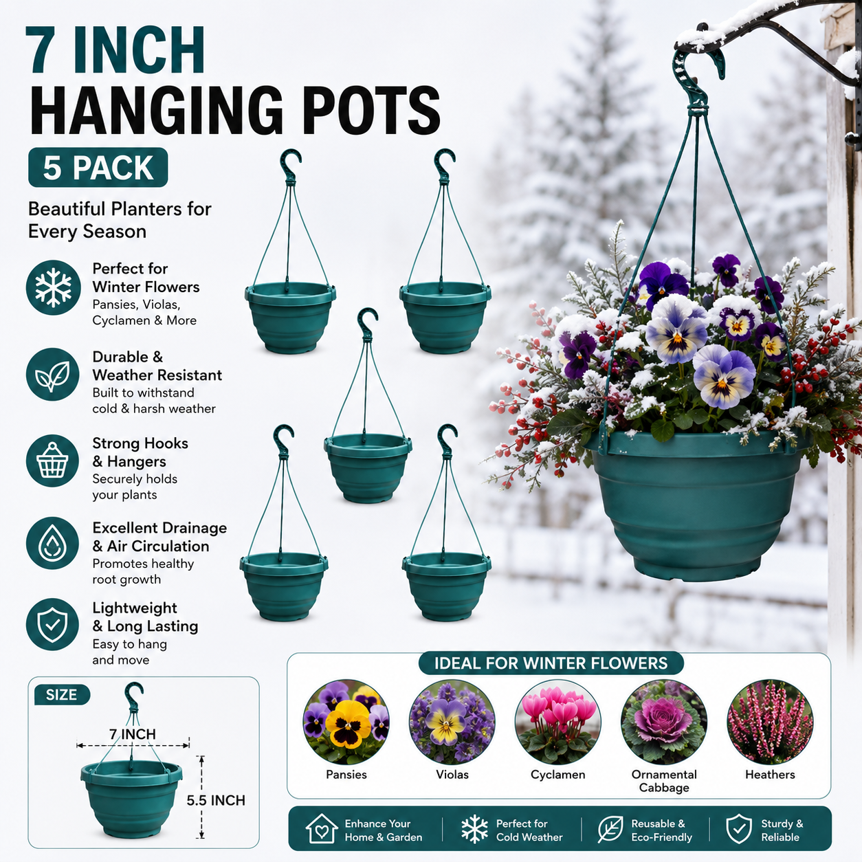 7 Inchi BP Green Hanging Flower Pot 5 pcs