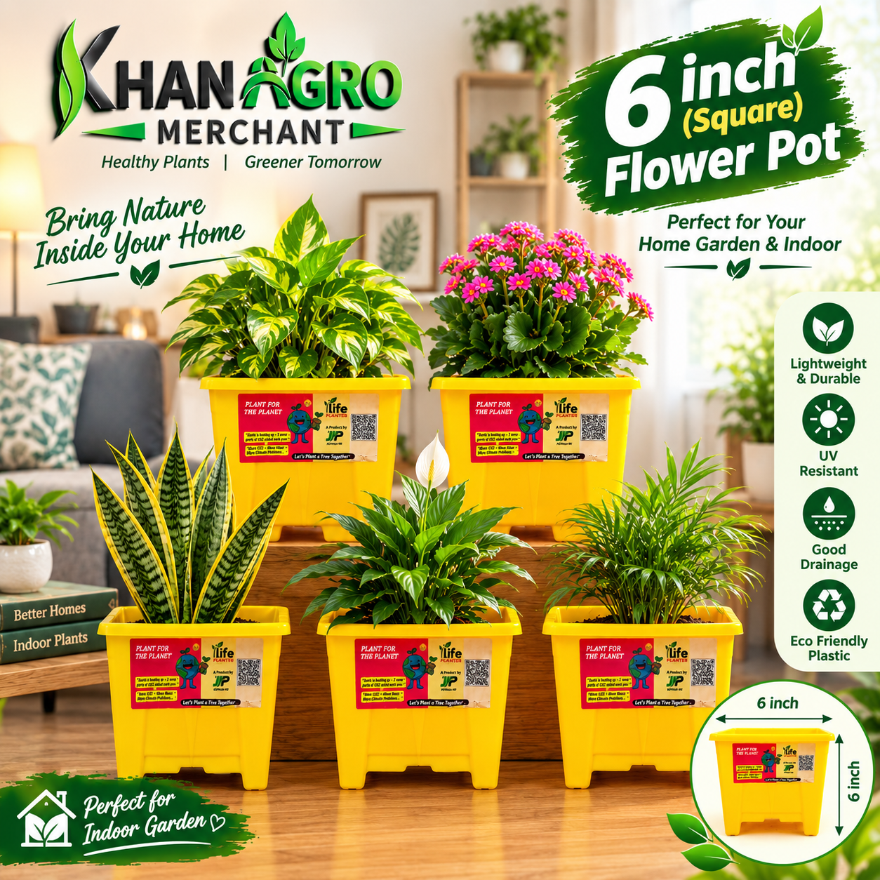 6 Inch Square Flower Pot – 5 Pcs Set