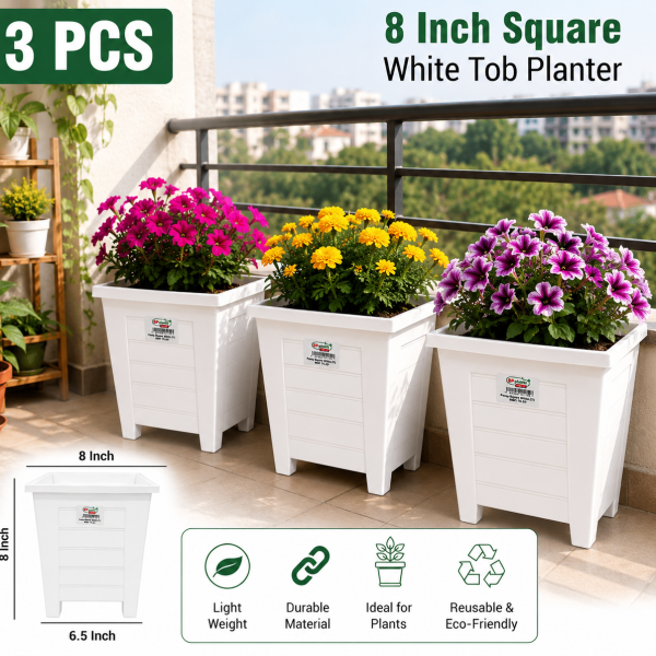 8 Inch Square White Planter Pot (3 PCS Set)
