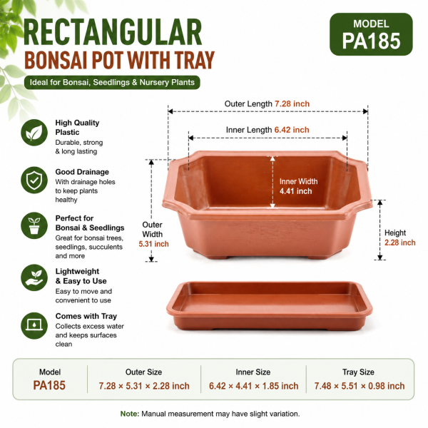 Rectangular Bonsai Pot with Tray –soft Red Nursery Plant Pot 7 inchi
