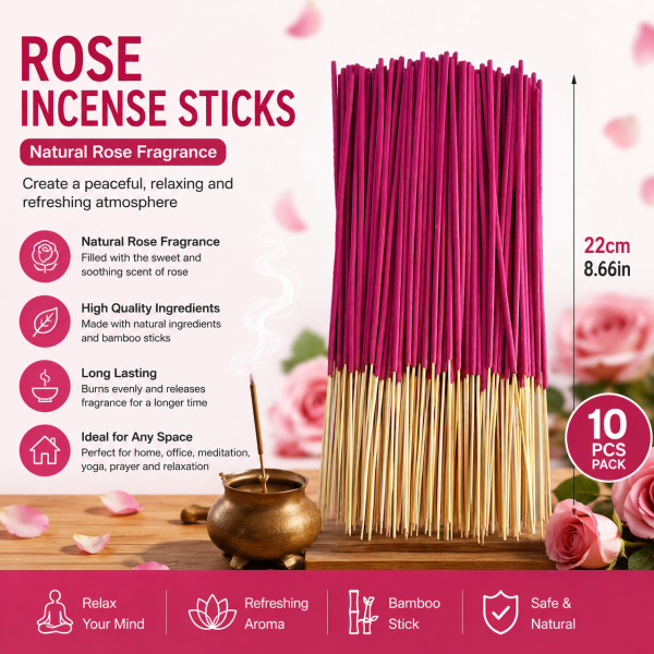 Rose Incense Sticks Rose Fragrance Bamboo Stick Incense, 10 Pcs Pack