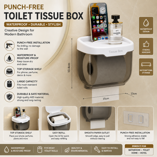 Punch-Free Waterproof Toilet Tissue Box with Storage Shelf